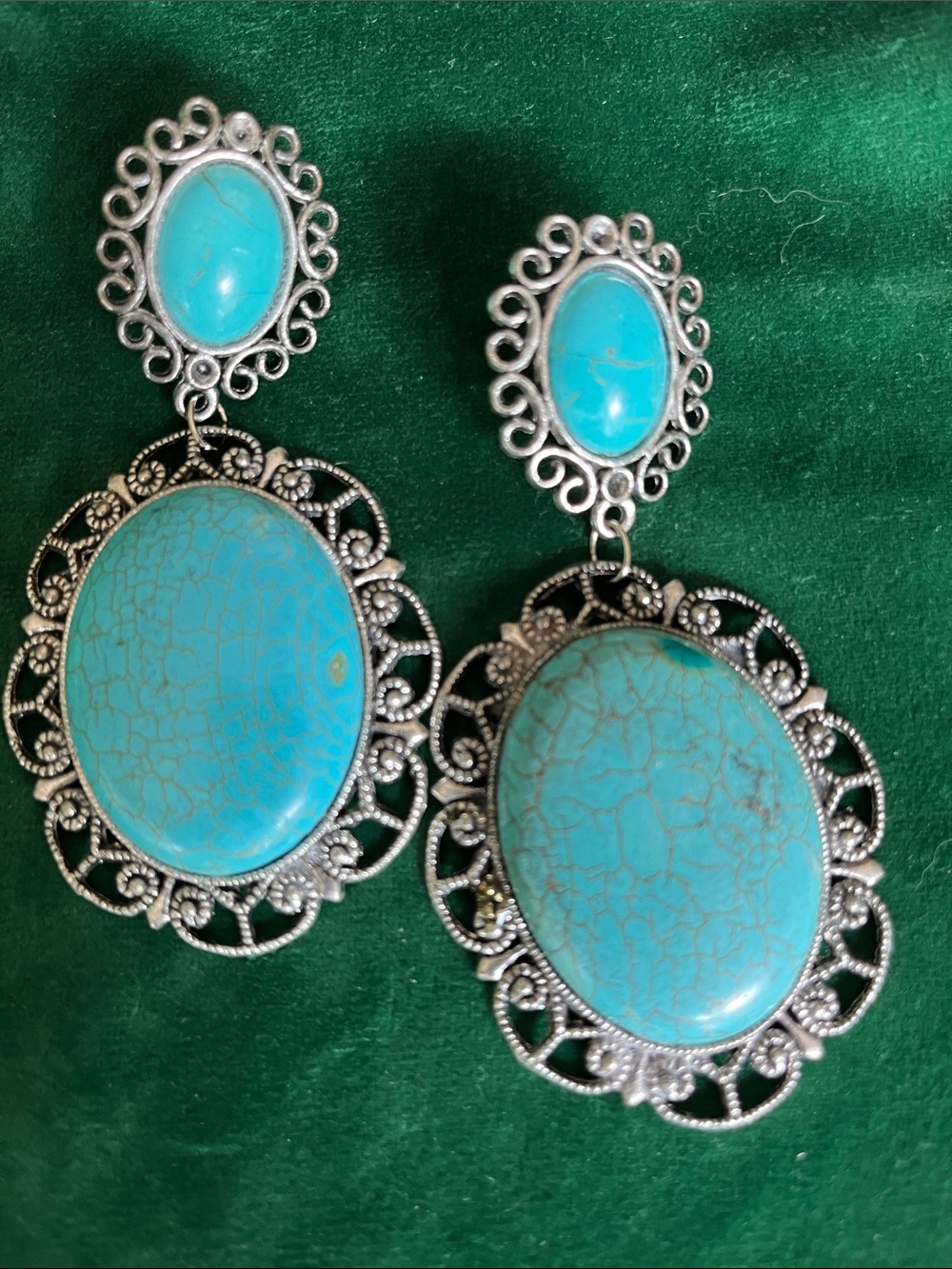 Katrina Faux Turquoise Oval Filigree Drop Earrings - Silver-Tone pierced